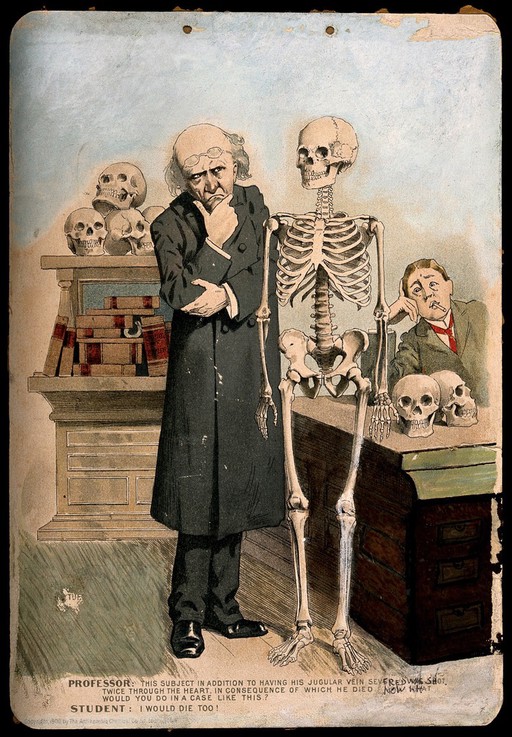 A professor asking a medical student his prognosis for a particular case. Coloured reproduction of a pen drawing.