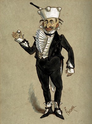 view A theatrical figure in a tuxedo supporting a pestle and mortar as a hat and holding a large pill. Watercolour painting.