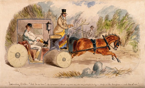 A doctor changing into hunting clothes in his carriage, on his way to a hunt meeting. Watercolour painting by J. Leech.