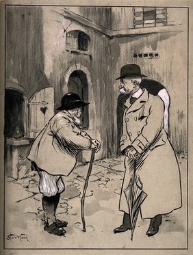 A rural man talking to his physician in the street. Drawing by S. Wood.