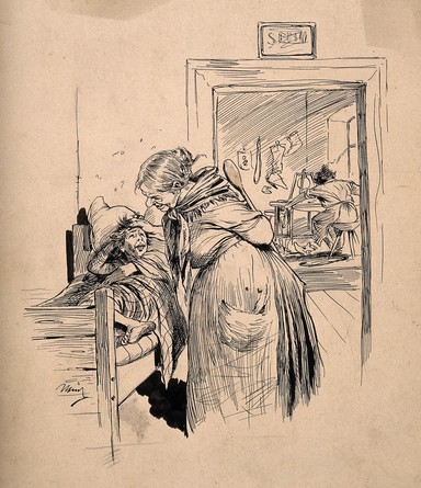 An aggressive woman bullying a child who is too ill to work. Pen drawing.