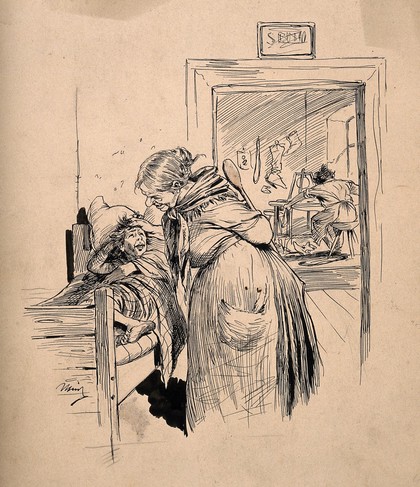 An aggressive woman bullying a child who is too ill to work. Pen drawing.