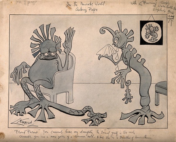 A common cold germ asking the father of a neurasthenia bacillus if he can marry her; he is refused on account of the social gap between them. Pen drawing by C. Harrison, 1913.