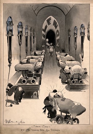 view A hospital ward for insomniacs. Pen drawing by G.E. Studdy, 1910.