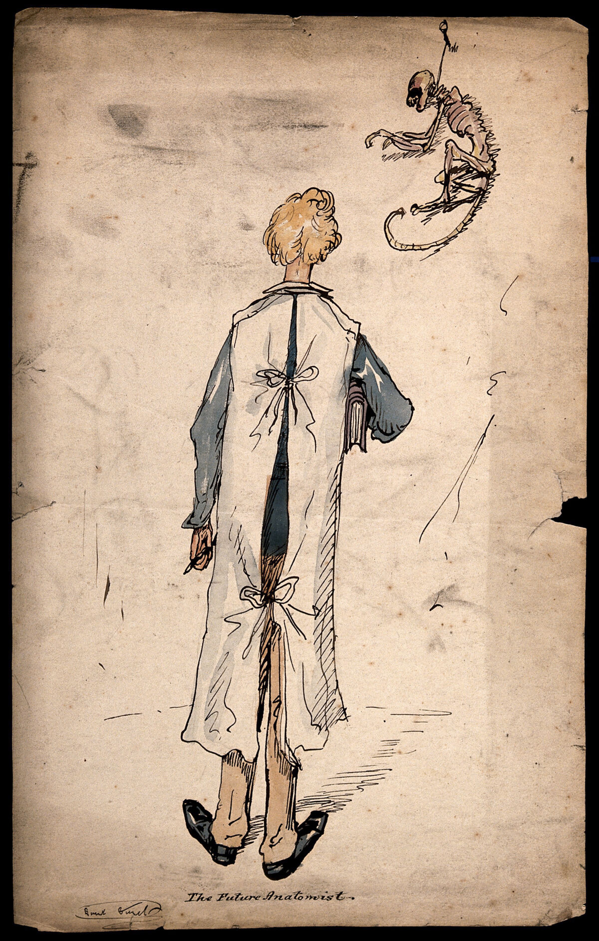 A posterior view of a medical student wearing a surgical gown untidily tied up. Coloured pen drawing by E. Griset., by Ernest Henri Griset