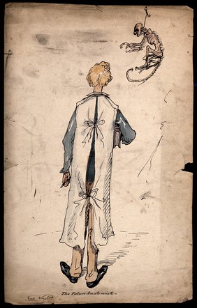 A posterior view of a medical student wearing a surgical gown untidily tied up. Coloured pen drawing by E. Griset.