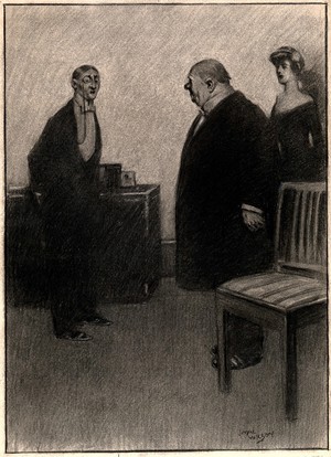 view A man trying to gain free advice from a doctor. Chalk drawing by J. MacWilson, 1910.