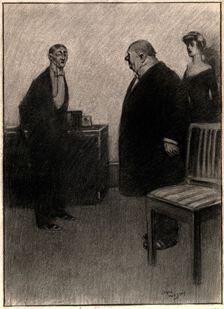 A man trying to gain free advice from a doctor. Chalk drawing by J. MacWilson, 1910.