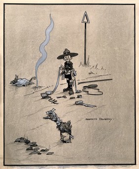 A boy scout administering first aid to ducks. Pen drawing by H. Daubeny, 1910.