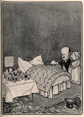 A doctor visiting a sick child who is surrounded by medicine bottles, his mother waits in the background. Process print after H.M. Bateman, 1911.