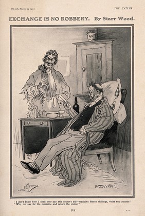 A convalescing patient complaining to his wife about his doctor's bills. Process print after S. Wood, 1911.