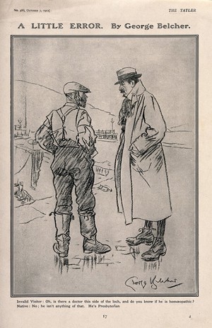 view A misunderstanding between a sick visitor and a native of a village in Scotland. Reproduction of a drawing after G. Belcher, 1912.