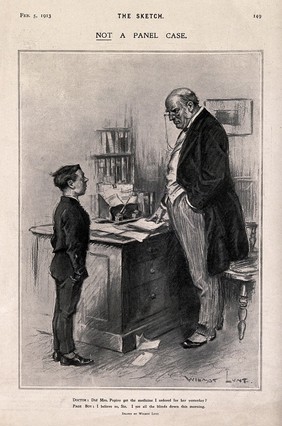 A doctor asking his messenger if he delivered some medicine to one of his patients. Process print after W. Lunt, 1913.