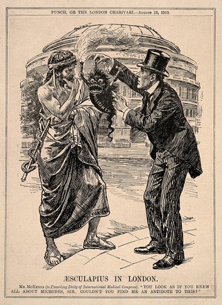 Reginald McKenna as British Home Secretary asking Æsculapius for help with the microbe "Militancy"; referring to political militancy. Wood engraving.