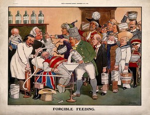 view John Bull being force-fed via a stomach pump, by a queue of people; representing Britain's numerous political problems. Colour photomechanical reproduction after S. Pritchard, 1913.