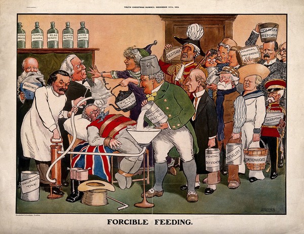 John Bull being force-fed via a stomach pump, by a queue of people; representing Britain's numerous political problems. Colour photomechanical reproduction after S. Pritchard, 1913.