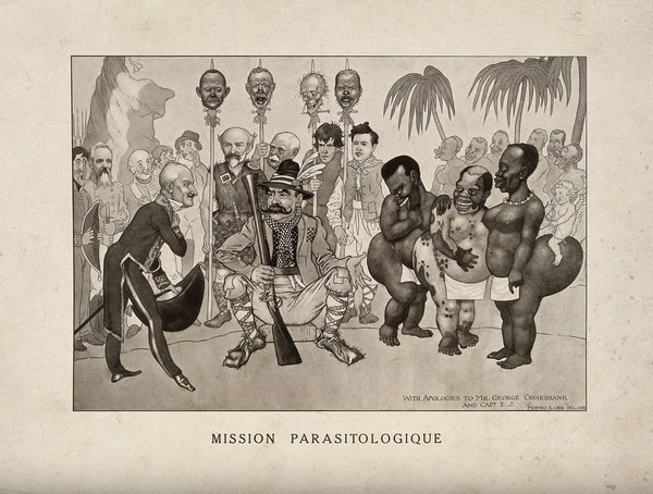 An Italian bandit offering a French gentleman the piebald one of three 'hottentot' (steatopygous) women; representing Louis Sambon and Raphael Blanchard at an international medical congress. Halftone after M.S. Orr, 1913.