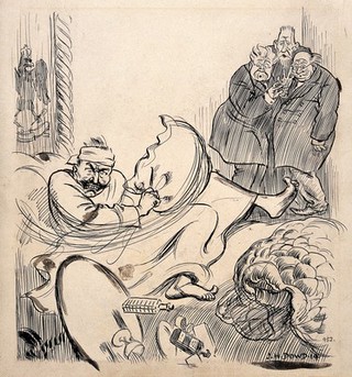 The Kaiser angrily throwing his medicines on to the floor and shouting at his physicians that he needs a victory not tablets. Pen drawing by J.H. Dowd, 1914.