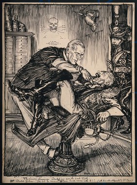 A dentist (Woodrow Wilson) forcefully extracting a tooth from a patient (Kaiser Wilhelm II); representing America's successes in the First world war. Pen drawing by E.J. Sullivan, 1918.