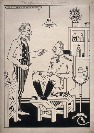 A dentist (Uncle Sam) about to extract a tooth from a patient (Kaiser Wilhem II); representing America's successful involvement in the First world war. Pen drawing by P. Forbes-Robertson, 1918.