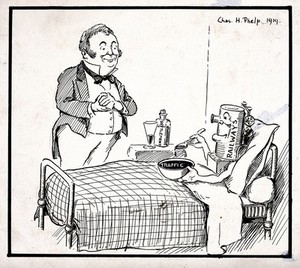 view A doctor attends a sick patient (who has the head of a railway engine); representing an industrial dispute regarding railway transport. Pen drawing by C.H. Phelp, 1919.