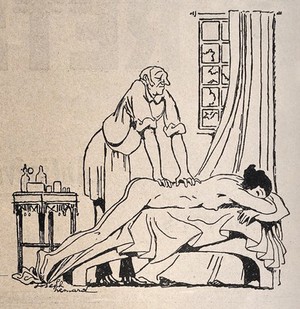 view A naked young woman being massaged by an older man. Reproduction of a drawing, 1932, by J. Hémard.