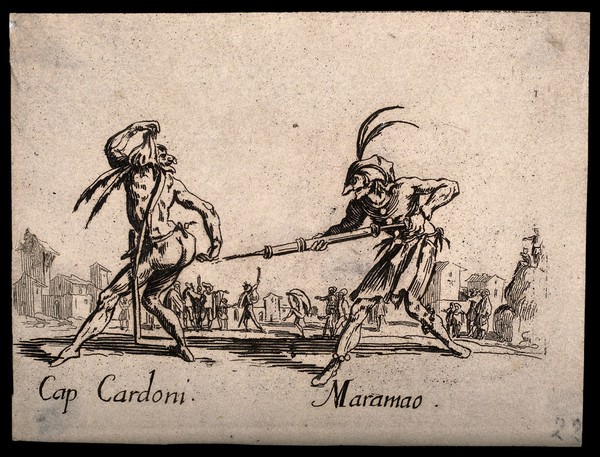 Two Commedia dell'arte street entertainers using a clyster as part of their performance. Etching by J. Callot.
