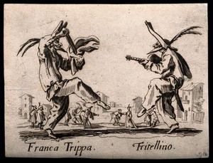 view Two Commedia dell'arte street musicians performing together. Etching by J. Callot.