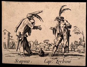 view Two Commedia dell'arte street entertainers performing together. Etching by J. Callot.