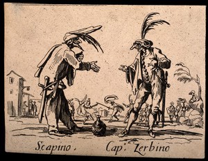 view Two Commedia dell'arte street entertainers performing together. Etching by J. Callot.