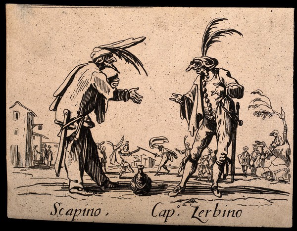 Two Commedia dell'arte street entertainers performing together. Etching by J. Callot.