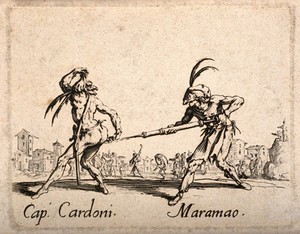 view Two Commedia dell'arte street entertainers using a clyster as part of their performance. Etching after J. Callot.