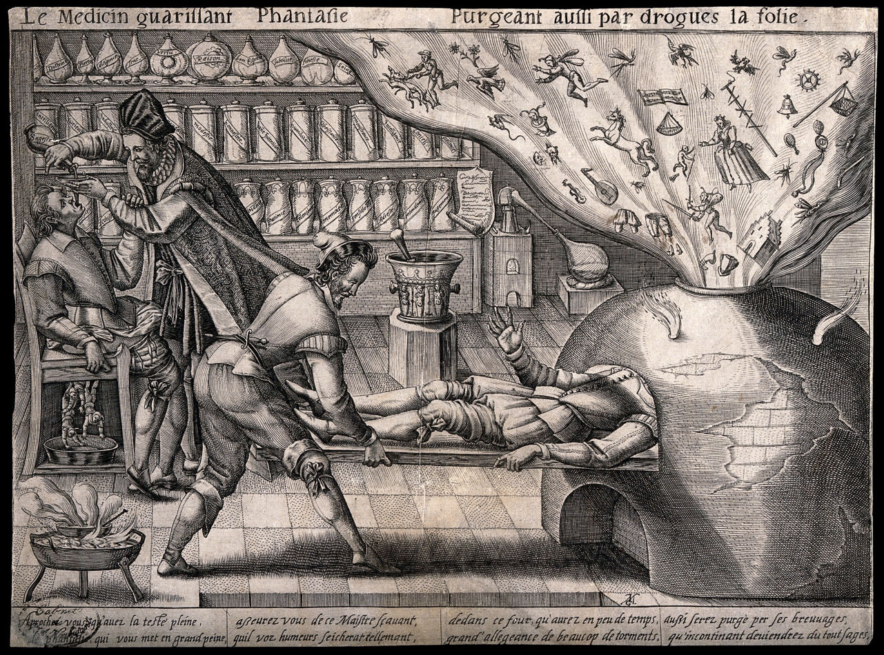 A surgery where all fantasy and follies are purged and good qualities are prescribed. Line engraving by M. Greuter, c. 1600., by Matthäus Greuter
