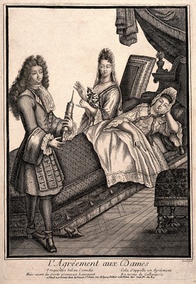 A fashionable lady being given an enema by a charming young man. Line engraving by J. Dieu de Saint-Jean.