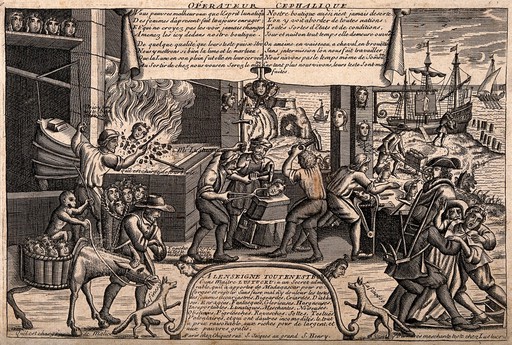 The heads of women are reforged in a workshop by the sea; suggesting a brutal cure for the 'madness' of women. Line engraving, c. 1660.