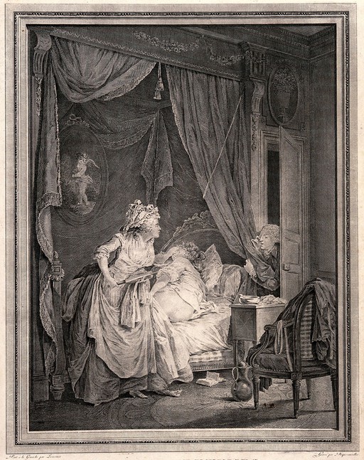 A gentlemen pays an unexpected call on a lady friend only to discover she is in the middle of having an enema. Line engraving by F. Dequevauviller after N. Lafrensen the younger.