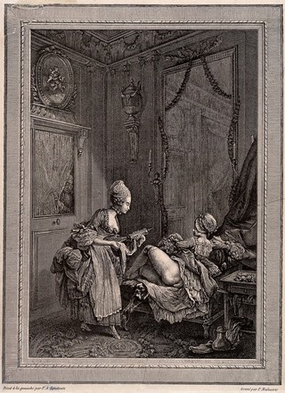 A peeping-tom spying on a fashionable lady receiving an enema. Reproduction of a line engraving after P. Maleuvre after P.A. Baudouin.