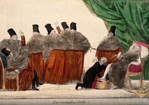 Seven clergymen watch as a physician bathes the feet of a sick, aristocratic lady; suggesting the uncertainty of the clergy faced with the ousting of the aristocracy in France. Coloured etching by S.J., 1791.