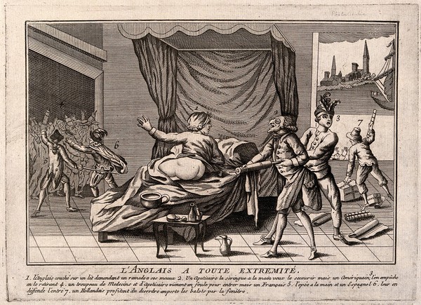 An apothecary attempts to give an Englishman an enema but is restrained by an American; medical aid is prevented by a Frenchman and Spaniard; representing the problems caused for the English by the American war for independence. Line engraving, 1778.