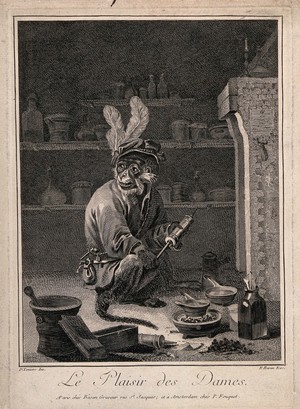 view A monkey holding a clyster in an apothecary's shop. Engraving by F. Basan after D. Teniers the younger.