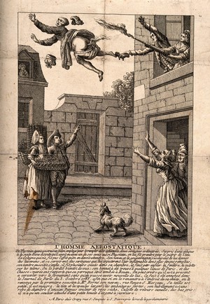 view A man is blown out of a window by an enema. Engraving.