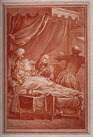 view A sick woman is attended to by three men. Colour line engraving by C.J.D. Eisen after himself, 1762.