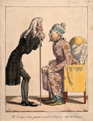 An eminent physician looks at the tongue of an elderly hypochondriac. Colour etching after J.F. Dunant, 1823.
