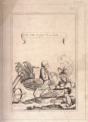 view Jean Sylvain Bailly, Mayor of Paris, with his mistress, both represented as chickens. Etching, 1791.