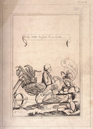 Jean Sylvain Bailly, Mayor of Paris, with his mistress, both represented as chickens. Etching, 1791.