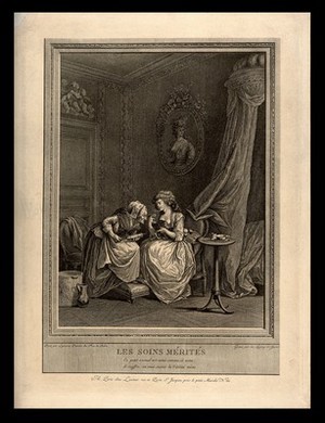 view A beloved pet dog receives an enema. Line engraving by de Launay the younger after Lavrinet.
