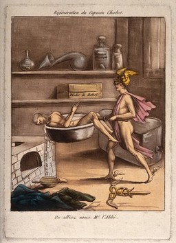 Mercury, an agent of the Terror, carries Capucin Chabot naked towards a furnace; recording the turnover of human life during the Terror in the French Revolution. Coloured aquatint, ca. 1794.