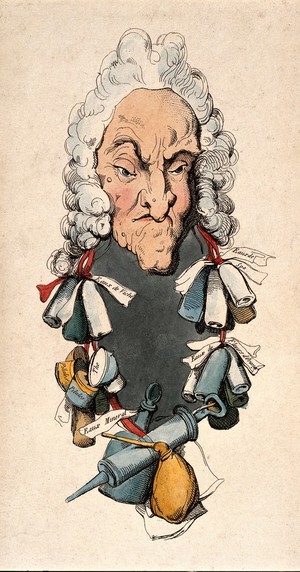 view A physician with a garland of bottles, pill boxes and a clyster-pipe. Coloured etching after T. Rowlandson.