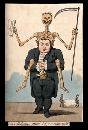 A doctor, straddled by a skeleton, holds a full purse in his hands; signifying that he lives well off others' deaths. Coloured engraving.