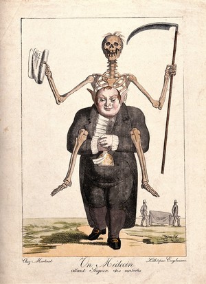 view A doctor, straddled by a skeleton, holds a full purse in his hands; signifying that he lives well off others' deaths. Coloured lithograph by G. Engelmann.